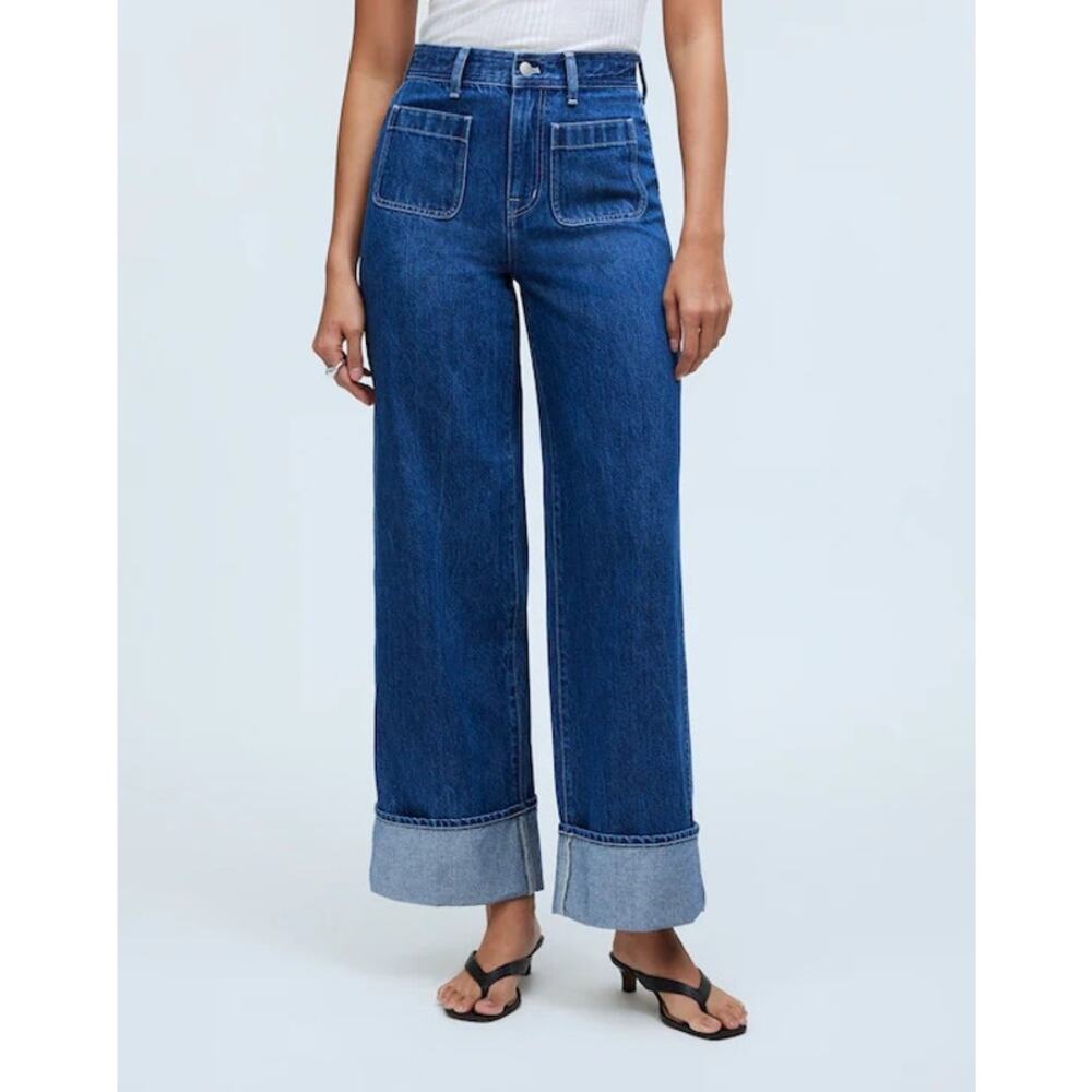 Madewell Dark Blue Wide-Leg High-Rise Jeans with Cuffed Hem